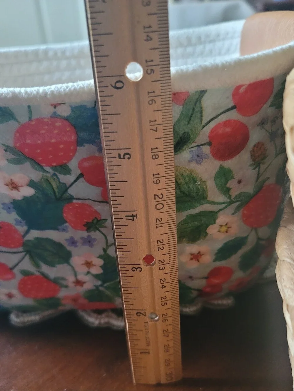 Set Of 3 Baskets. 2 Straw Woven & 1 Rope Basket Covered With Strawberries.